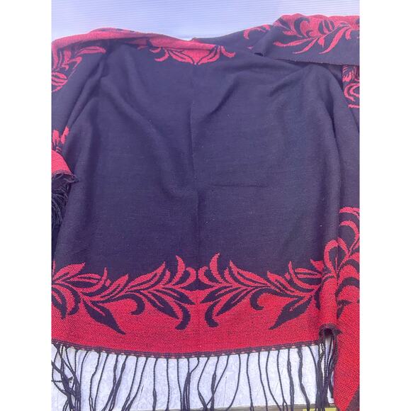 Cashmere Feel Boho Wrap Shawl Reversible Black Red Floral Black Fringe Soft Warm - Picture 5 of 8